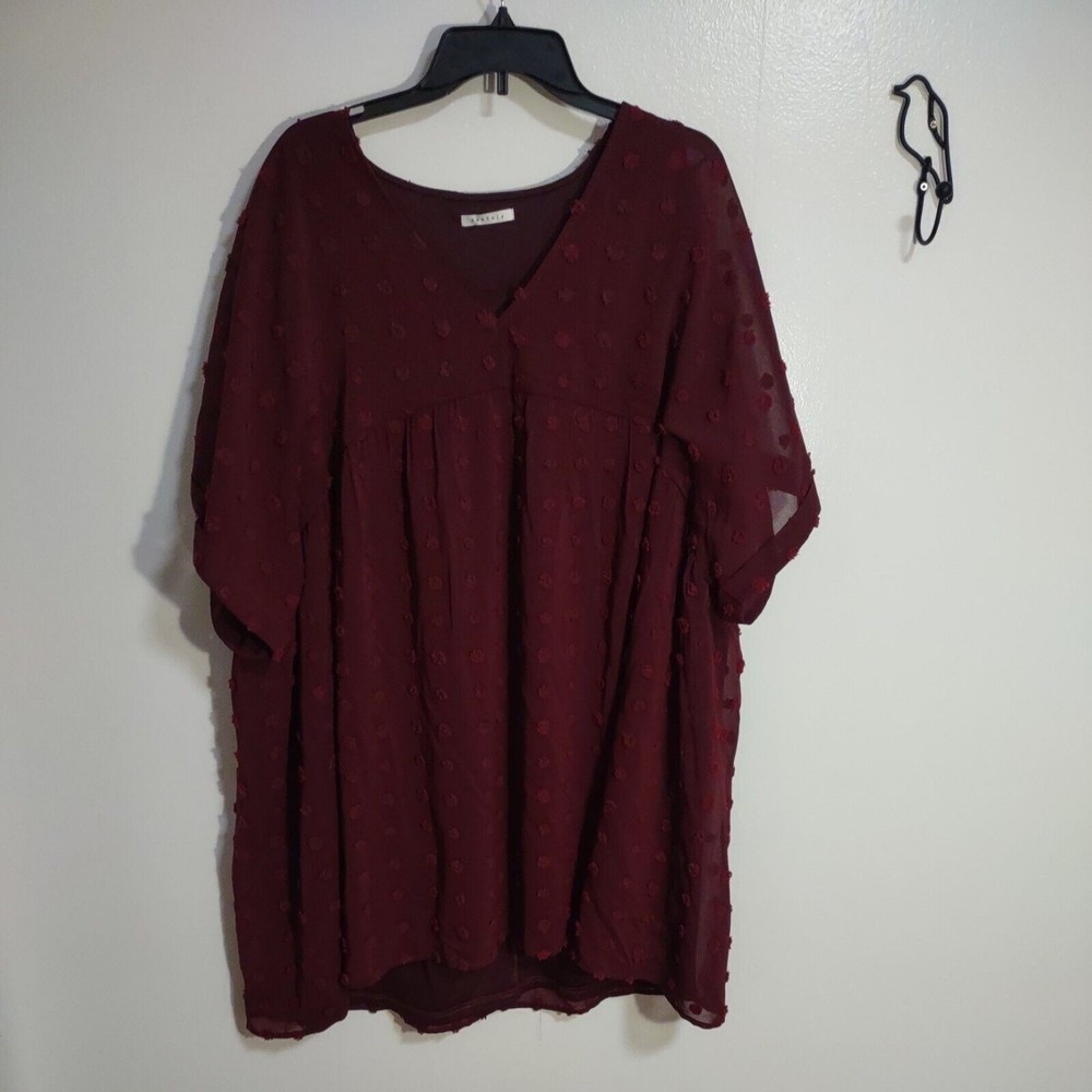 NWOT BaeVely Sz 4X/5X Maroon Swiss Dot V-Neck Sheer Lined Mini Cap Sleeve Dress